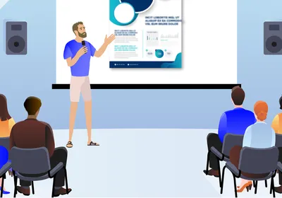 An illustration of a guy in shorts and flip flops presenting data on a screen to an audience. An illustration of a guy in shorts and flip flops presenting data on a screen to an audience.